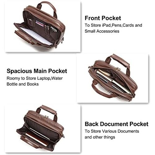  [아마존베스트]Bosidu Leather Briefcase for Men ComputerBag Laptop Bag Waterproof Retro Business Travel Messenger Bag For Men Large 15.6 Inch,Perfect Fathers Day Gifts for Dad/Gifts For Husband (Brown)