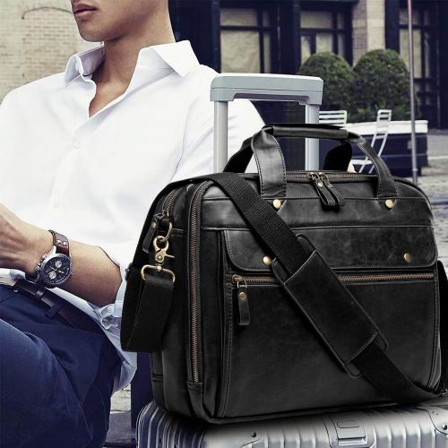  [아마존베스트]Bosidu Leather Briefcase for Men Laptop Bag 15.6 Inch Large Waterproof Retro Business Travel Messenger Bag,Perfect Perfect Fathers Day Gifts for Dad/Gifts For Husband (Black)