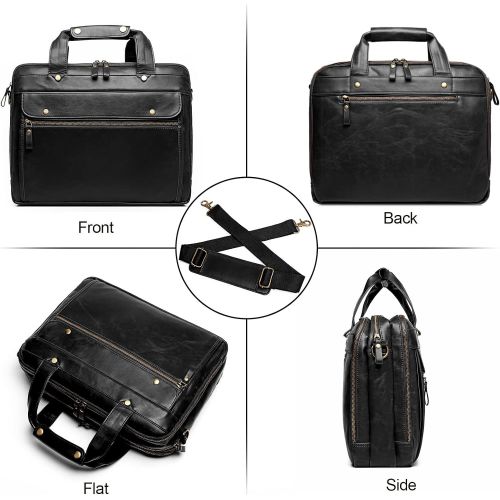  [아마존베스트]Bosidu Leather Briefcase for Men Laptop Bag 15.6 Inch Large Waterproof Retro Business Travel Messenger Bag,Perfect Perfect Fathers Day Gifts for Dad/Gifts For Husband (Black)