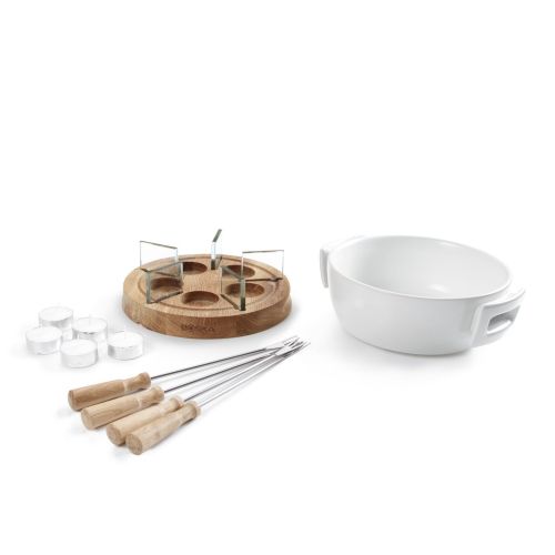  Boska Holland Tea Light Fondue Set with Oak Wood Base, 1 L White Stoneware Pot, Life Collection