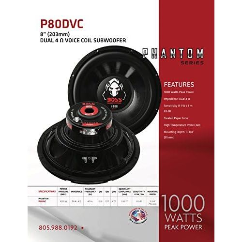  BOSS Audio P80DVC Phantom 8 Inch 1000 Watt Subwoofer
