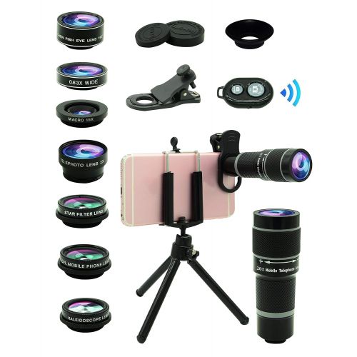  Bostionye Cell Phone Camera Lens Kit,11 in 1 Universal 20x Zoom Telephoto Lens,0.63Wide Angle+15X Macro+198°Fisheye+2X Telephoto+Kaleidoscope+CPLStarlightEyemaskTripodRemote Shutter,for