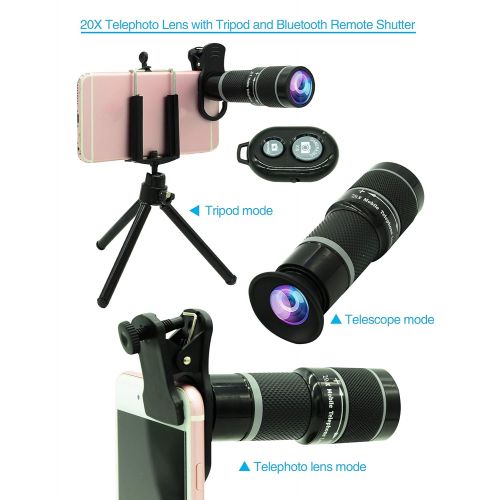  Bostionye Cell Phone Camera Lens Kit,11 in 1 Universal 20x Zoom Telephoto Lens,0.63Wide Angle+15X Macro+198°Fisheye+2X Telephoto+Kaleidoscope+CPLStarlightEyemaskTripodRemote Shutter,for