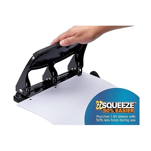  Bostitch Office EZ Squeeze 40 Sheet 3-Hole Punch, Heavy Duty, Black