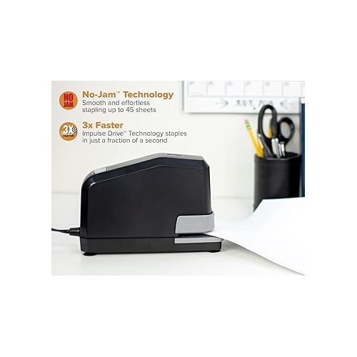  Bostitch Office Impulse Heavy Duty Electric Stapler Value Pack, 45 Sheet Capacity, Includes 5,000 Staples & Staple Remover, No-Jam, Faster Stapling, Black