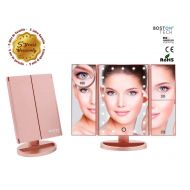 Boston Tech BE-104 - Threefold Makeup Mirror with Adjustable Light. Countertop Cosmetic Mirror with Foldable body. 24 Led Lights, Rose Gold Color. 4 magnifying Mirrors (1x,2X, 3X a