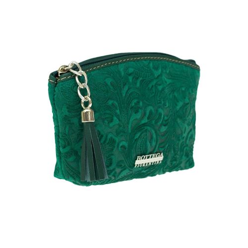  Bottega Fiorentina Italian Made Green Floral Embossed Leather Cosmetic Case