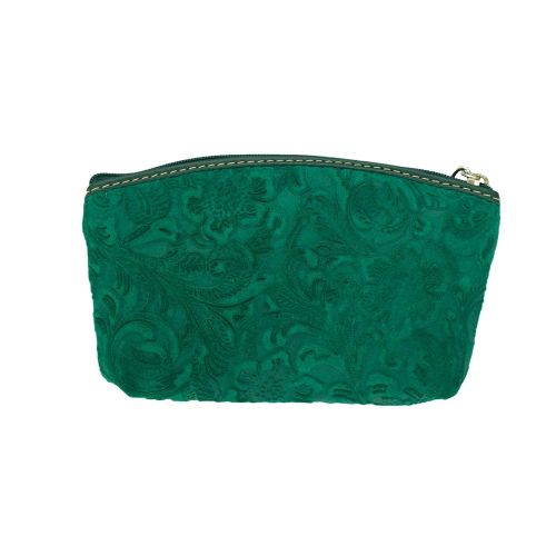  Bottega Fiorentina Italian Made Green Floral Embossed Leather Cosmetic Case