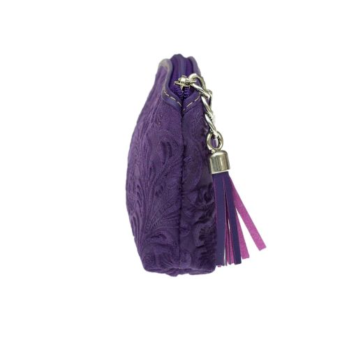  Bottega Fiorentina Italian Made Purple Floral Embossed Leather Cosmetic Case
