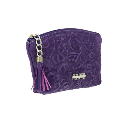  Bottega Fiorentina Italian Made Purple Floral Embossed Leather Cosmetic Case