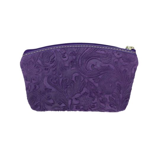  Bottega Fiorentina Italian Made Purple Floral Embossed Leather Cosmetic Case