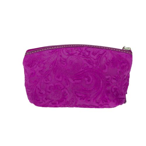  Bottega Fiorentina Italian Made Magenta Floral Embossed Leather Cosmetic Case