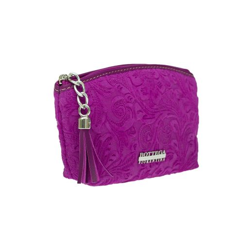  Bottega Fiorentina Italian Made Magenta Floral Embossed Leather Cosmetic Case