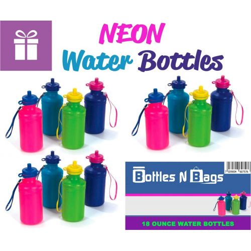  Bottles N Bags 12 Neon Water Sports Bottles for Bikes & kids| Bulk Pack, 7.5 inches, Wrist Strap | Awesome Summer Beach Accessory | Holds 18 Ounces of Drinks to Keep Kids Hydrated (12 Pack): Spor