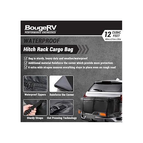  BougeRV Hitch Cargo Carrier Bag Waterproof/Rainproof Hitch Mount Cargo Bag for Car Truck SUV Vans Hitch Trays and Hitch Baskets (48'' L x 20'' W x 22'' H)