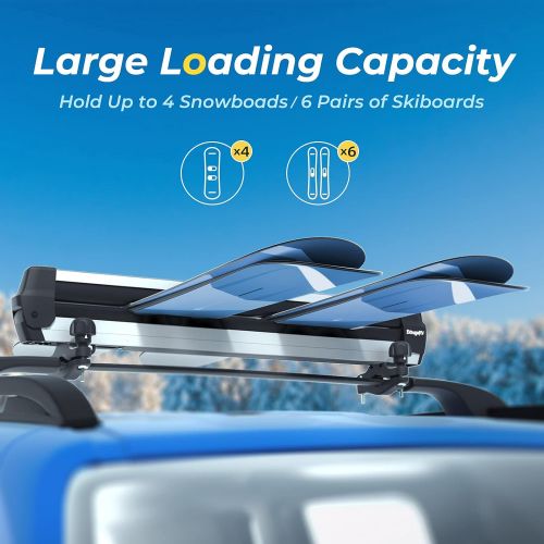  [아마존베스트]BougeRV Ski & Snowboard Car Racks Fits 6 Pairs Skis or 4 Snowboards, Elevated Design + Pullable Rubber Bar, Aluminum Universal Car Roof Rack Carrier Fits for Most Cross Bars