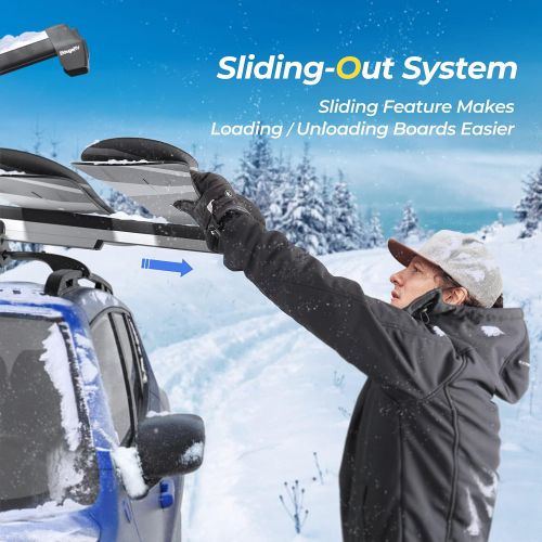  BougeRV Ski & Snowboard Racks 2.0 with Anti-Theft Lock, Extension with Sliding Feature, 28 Fits 6 Pairs Skis or 4 Snowboards, Universal Mounting System Fits for Square/ Round/ Aero