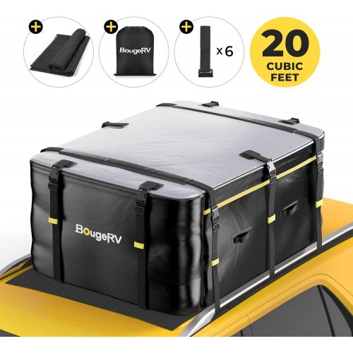  BougeRV 20 Cubic Feet Rooftop Cargo Carrier Bag with Anti-Slip Mat Waterproof Car Roof Soft-Shell Bag Cargo Luggage Storage Bag for Cars with or Without Side Rails for Camping, Ski