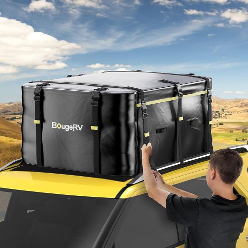  BougeRV 20 Cubic Feet Rooftop Cargo Carrier Bag with Anti-Slip Mat Waterproof Car Roof Soft-Shell Bag Cargo Luggage Storage Bag for Cars with or Without Side Rails for Camping, Ski