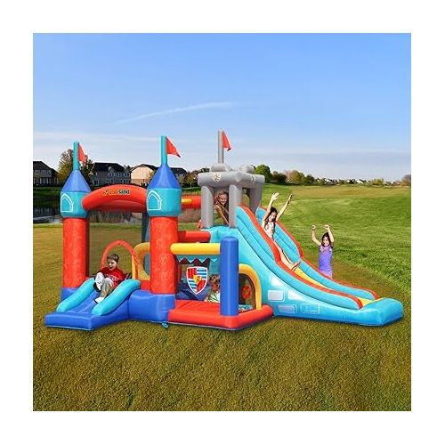  Bounceland Medieval Bounce Castle Bounce House with Slide & Ball Pit, Basketball Hoop and Ball Toss Game Included, Long Fun Slide, Obstacle Courts, Comes with UL Certified Blower Fun Party