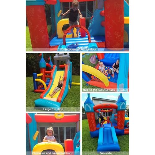  Bounceland Medieval Bounce Castle Bounce House with Slide & Ball Pit, Basketball Hoop and Ball Toss Game Included, Long Fun Slide, Obstacle Courts, Comes with UL Certified Blower Fun Party