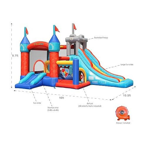  Bounceland Medieval Bounce Castle Bounce House with Slide & Ball Pit, Basketball Hoop and Ball Toss Game Included, Long Fun Slide, Obstacle Courts, Comes with UL Certified Blower Fun Party