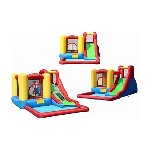  Bounceland Jump and Splash Adventure Bounce House or Water Slide All in one, Large Pool, Fun Bouncing Area with Basketball Hoop, Long Slide with Climbing Wall, UL Certified Blower Included