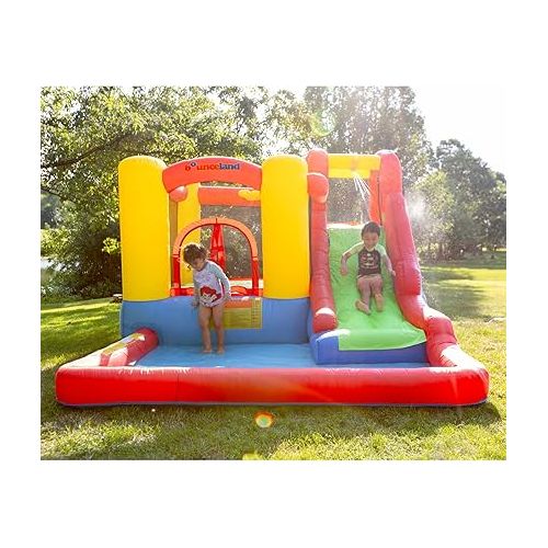  Bounceland Jump and Splash Adventure Bounce House or Water Slide All in one, Large Pool, Fun Bouncing Area with Basketball Hoop, Long Slide with Climbing Wall, UL Certified Blower Included