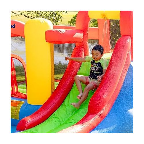  Bounceland Jump and Splash Adventure Bounce House or Water Slide All in one, Large Pool, Fun Bouncing Area with Basketball Hoop, Long Slide with Climbing Wall, UL Certified Blower Included