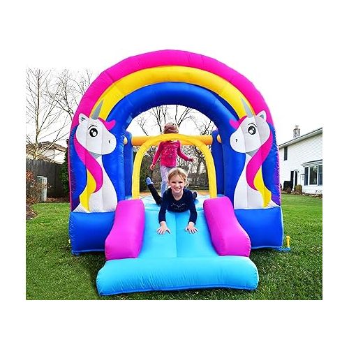  Bounceland Rainbow Unicorn Bounce House with Slide, 9.8 ft L x 6.8 ft W x 6.5 ft H inflated Size, UL Certified Blower Included, inflates in Less Than a Minute, Outdoor and Indoor use