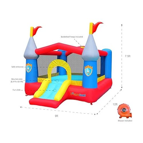  Bounceland Bounce House Castle with Basketball Hoop Inflatable Bouncer, Fun Slide, Safe Entrance Opening, UL Certified Strong Blower Included, 12 ft x 9 ft x 7 ft H