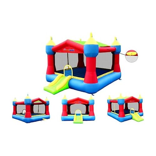  Bounceland Inflatable Party Castle Bounce House Bouncer, 16 ft L x 13 ft W x 10.3 ft H, Basketball Hoop, Removable Sun Roof, UL Strong Blower included, Fun Slide and Bounce Area, Castle Theme for Kids