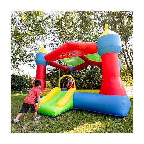  Bounceland Inflatable Party Castle Bounce House Bouncer, 16 ft L x 13 ft W x 10.3 ft H, Basketball Hoop, Removable Sun Roof, UL Strong Blower included, Fun Slide and Bounce Area, Castle Theme for Kids