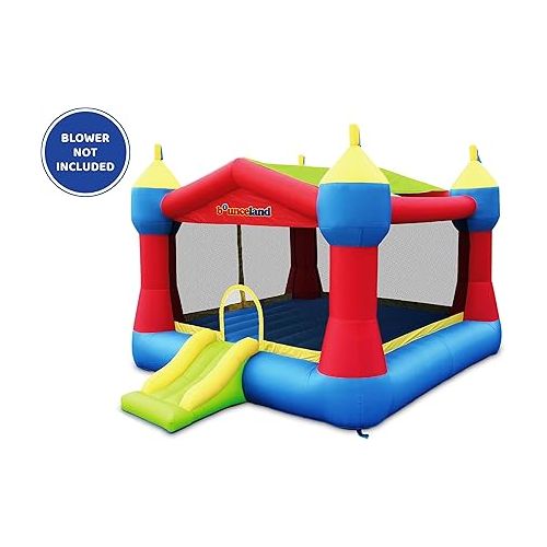  Bounceland Inflatable Party Castle Bounce House Bouncer [No Blower], 16 ft L x 13 ft W x 10.3 ft H, Basketball Hoop, Removable Sun Roof, Fun Slide and Bounce Area, Castle Theme for Kids