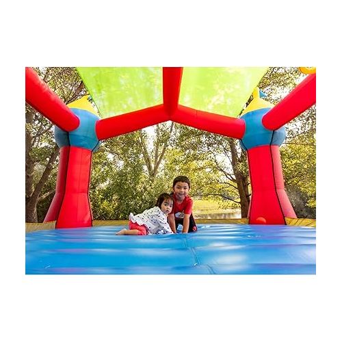  Bounceland Inflatable Party Castle Bounce House Bouncer [No Blower], 16 ft L x 13 ft W x 10.3 ft H, Basketball Hoop, Removable Sun Roof, Fun Slide and Bounce Area, Castle Theme for Kids