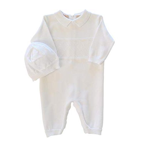  Boutique Collection Baby Boys Christening Coverall with Diamond Stitching - Includes Hat