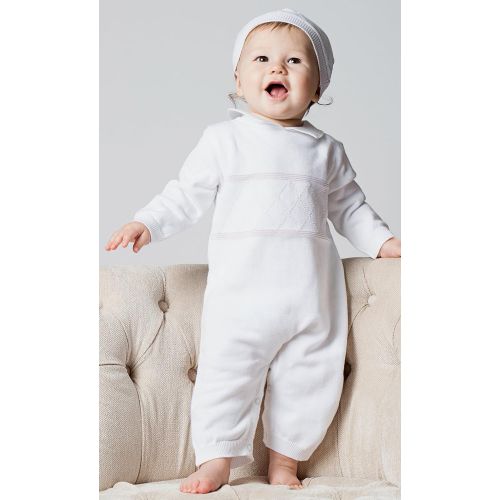  Boutique Collection Baby Boys Christening Coverall with Diamond Stitching - Includes Hat