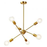 Bowrain 6 Lights Fixture Pendant Light Modern Sputnik Polished Gold Lamp Brushed Brass Mid Century Chandelier Hanging Flush Mount Light Fixture with Adjustable Arms for Dining Room