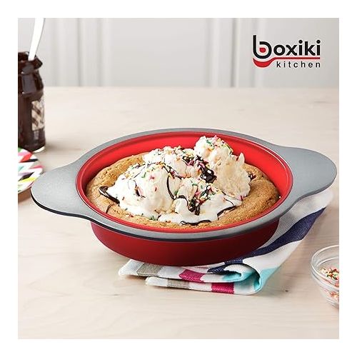  Boxiki Kitchen 9 Inch Non-Stick Silicone Round Cake Pan with Steel Frame Handles - Perfect for Baking Delicious Round Cakes