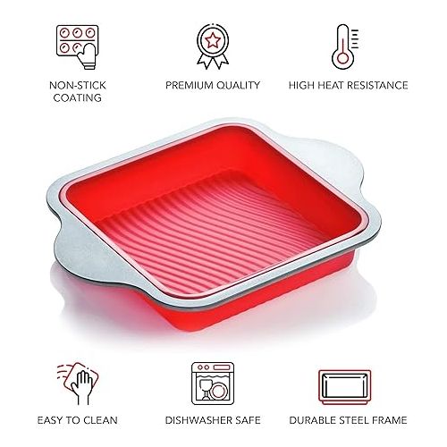  Boxiki Kitchen Non-Stick Silicone 8x8 Square Cake and Brownie Pan with Easy Grip Steel Frame Handles - Easy to Release, Oven & Dishwasher Safe