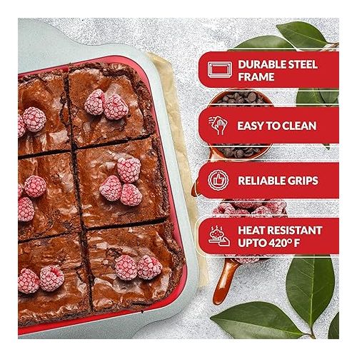  Boxiki Kitchen Non-Stick Silicone 8x8 Square Cake and Brownie Pan with Easy Grip Steel Frame Handles - Easy to Release, Oven & Dishwasher Safe