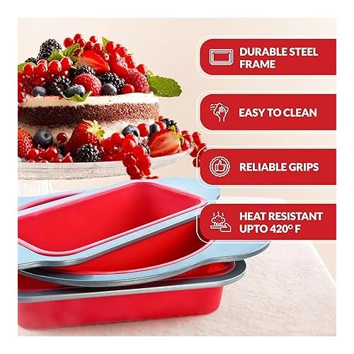  Boxiki Kitchen Silicone Baking Pans Set. 3 PCS Professional Silicone Non-Stick Baking Cake Pans Set includes Silicone Round Cake Pan, Square Cake Pan and Bread Loaf Pan.