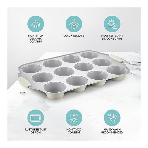  Boxiki Kitchen 12 Cups Ceramic Coated Muffin Pan for Baking - Durable Steel Frame Cupcake Pan w/Nonstick Surface - Professional Muffin Tray with Silicone Handles