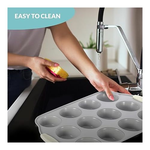  Boxiki Kitchen 12 Cups Ceramic Coated Muffin Pan for Baking - Durable Steel Frame Cupcake Pan w/Nonstick Surface - Professional Muffin Tray with Silicone Handles