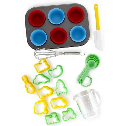  [아마존베스트]Boxiki Kitchen 24-Piece Kids Baking Set Muffin Pan, 6 Silicone Cupcake Liners, 10 Cookie Cutters, Spatula, Egg Whisk, Mini Measuring Cup and 4 Measuring Spoons