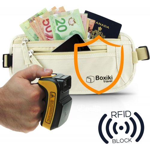  Boxiki Travel Money Belt - RFID Blocking Money Belt Safe Waist Bag, Secure Belt for Men and Women Fits Passport, Wallet, Phone and Personal Items. Running Belt, Fanny and Waist Pac