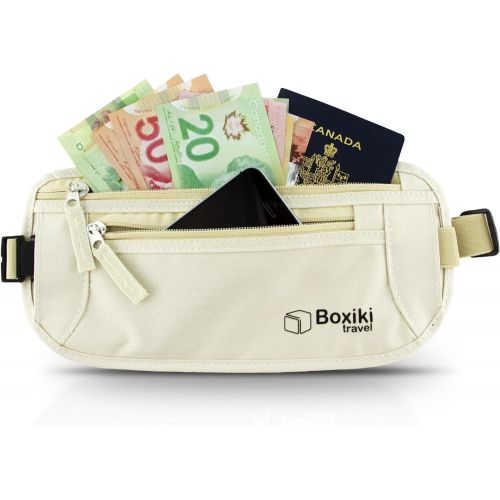  Boxiki Travel Money Belt - RFID Blocking Money Belt Safe Waist Bag, Secure Belt for Men and Women Fits Passport, Wallet, Phone and Personal Items. Running Belt, Fanny and Waist Pac