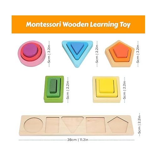  Wooden Shape Sorting & Stacking Toys for Toddlers, Montessori Toys with 20 Pcs Blocks of 5 Different Shapes and Colors to Fine Motor Skills - Learning Puzzles Gift for 1 2 3 Year Old Boys & Girls