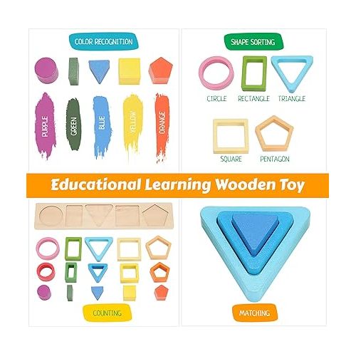  Wooden Shape Sorting & Stacking Toys for Toddlers, Montessori Toys with 20 Pcs Blocks of 5 Different Shapes and Colors to Fine Motor Skills - Learning Puzzles Gift for 1 2 3 Year Old Boys & Girls