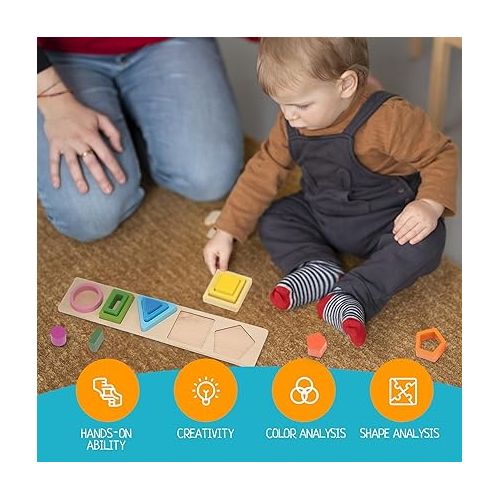  Wooden Shape Sorting & Stacking Toys for Toddlers, Montessori Toys with 20 Pcs Blocks of 5 Different Shapes and Colors to Fine Motor Skills - Learning Puzzles Gift for 1 2 3 Year Old Boys & Girls